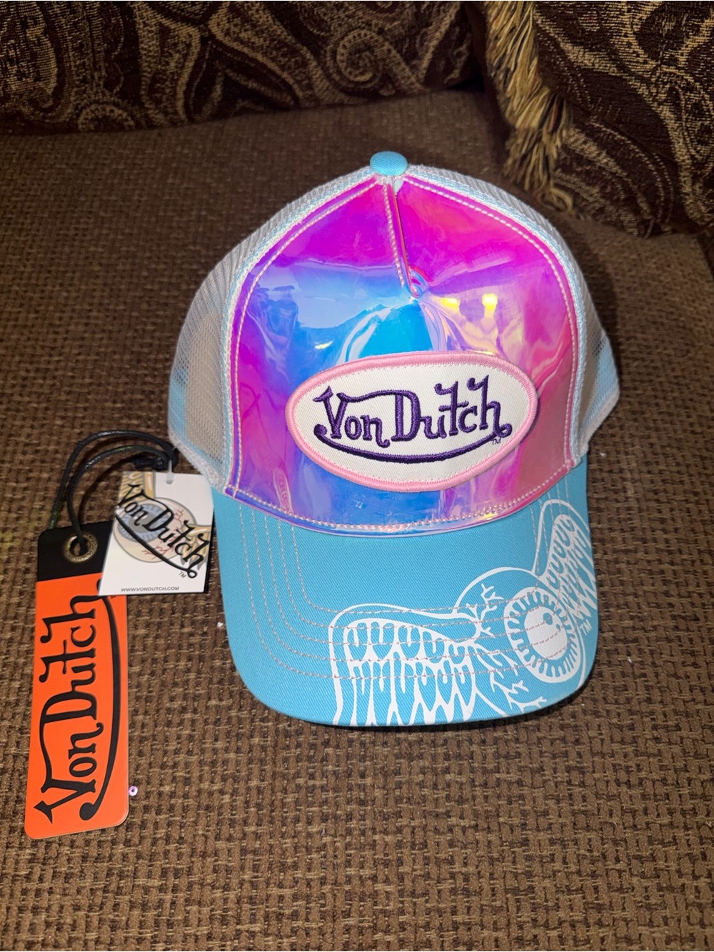 Von Dutch Iridescent Pink Panel with Turquoise Bill Trucker Hat